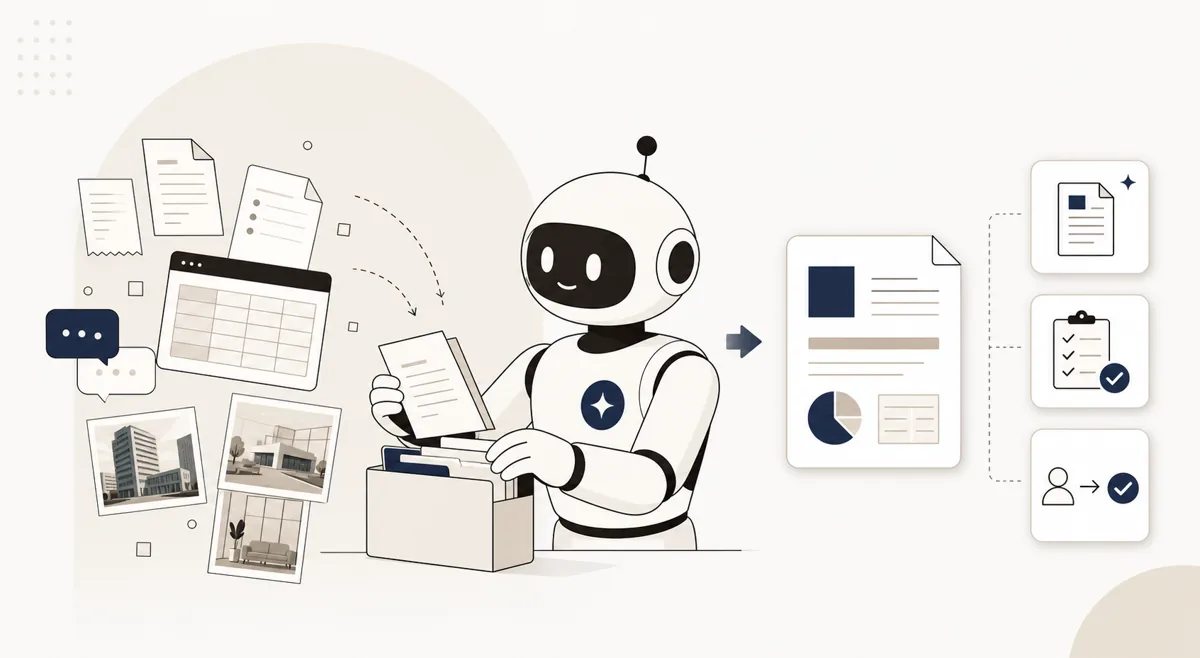 EguinoのAI社員が散らばった資料を整理し、人間承認を挟みながら実行まで進めるイメージ